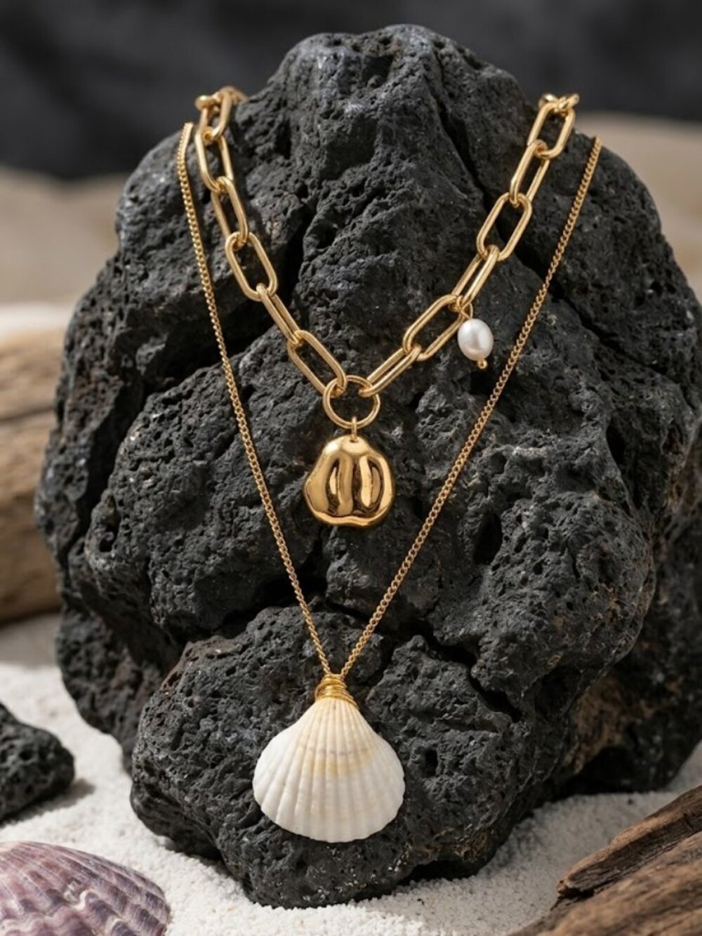 14K Gold Plated Layered Necklace Genuine Shell and Pearl Pendant Coastal 16"